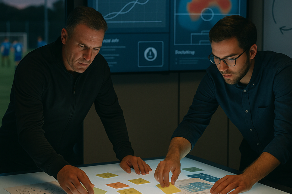 A candid photo of a coach and analyst reshuffling notes in a sports analytics
