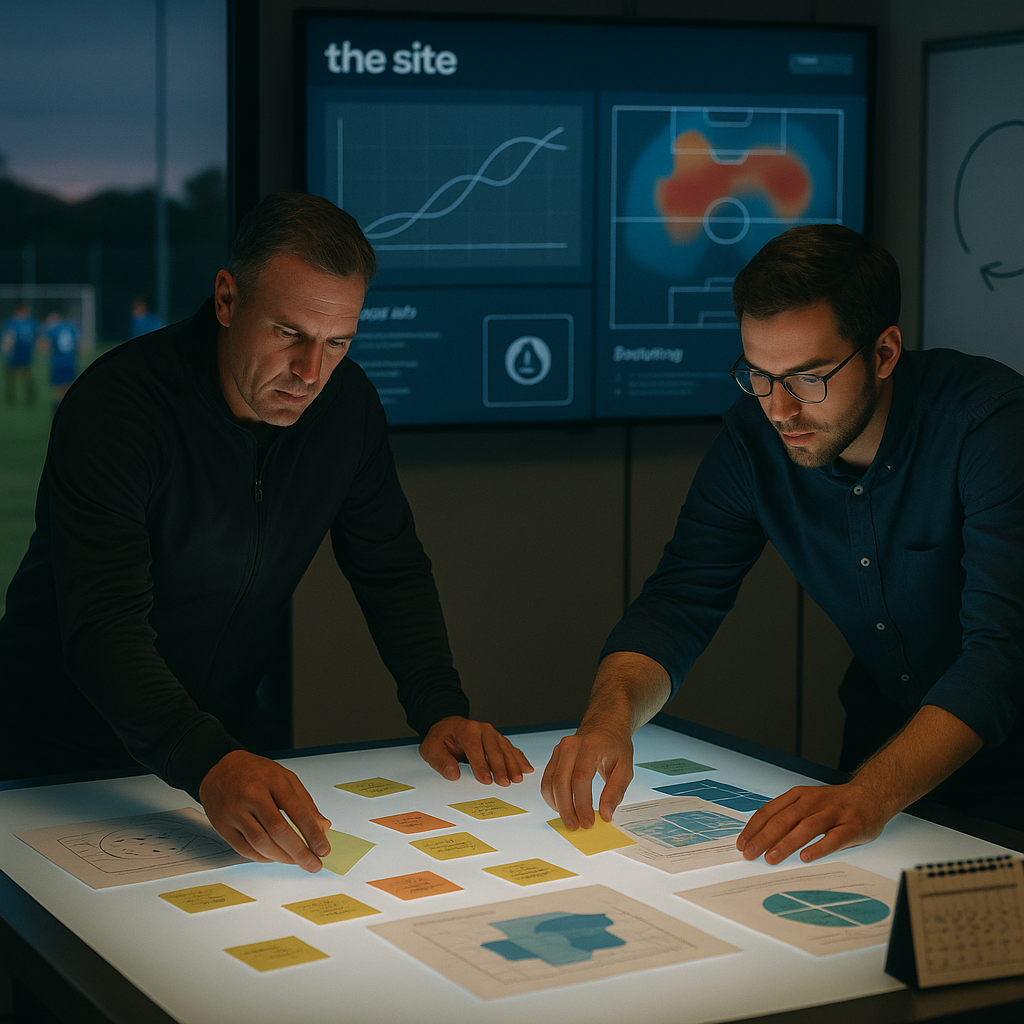 A candid photo of a coach and analyst reshuffling notes in a sports analytics