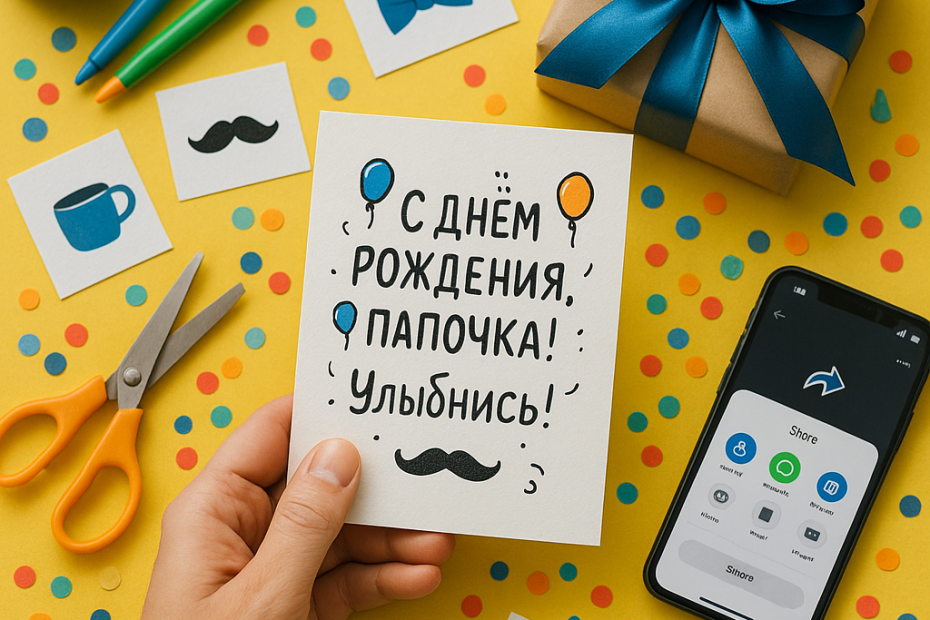 Overhead photo of a hand holding a birthday card reading С днем рождения, папочка!