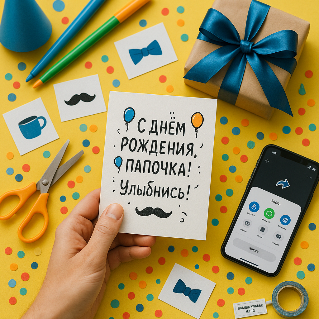Overhead photo of a hand holding a birthday card reading С днем рождения, папочка!